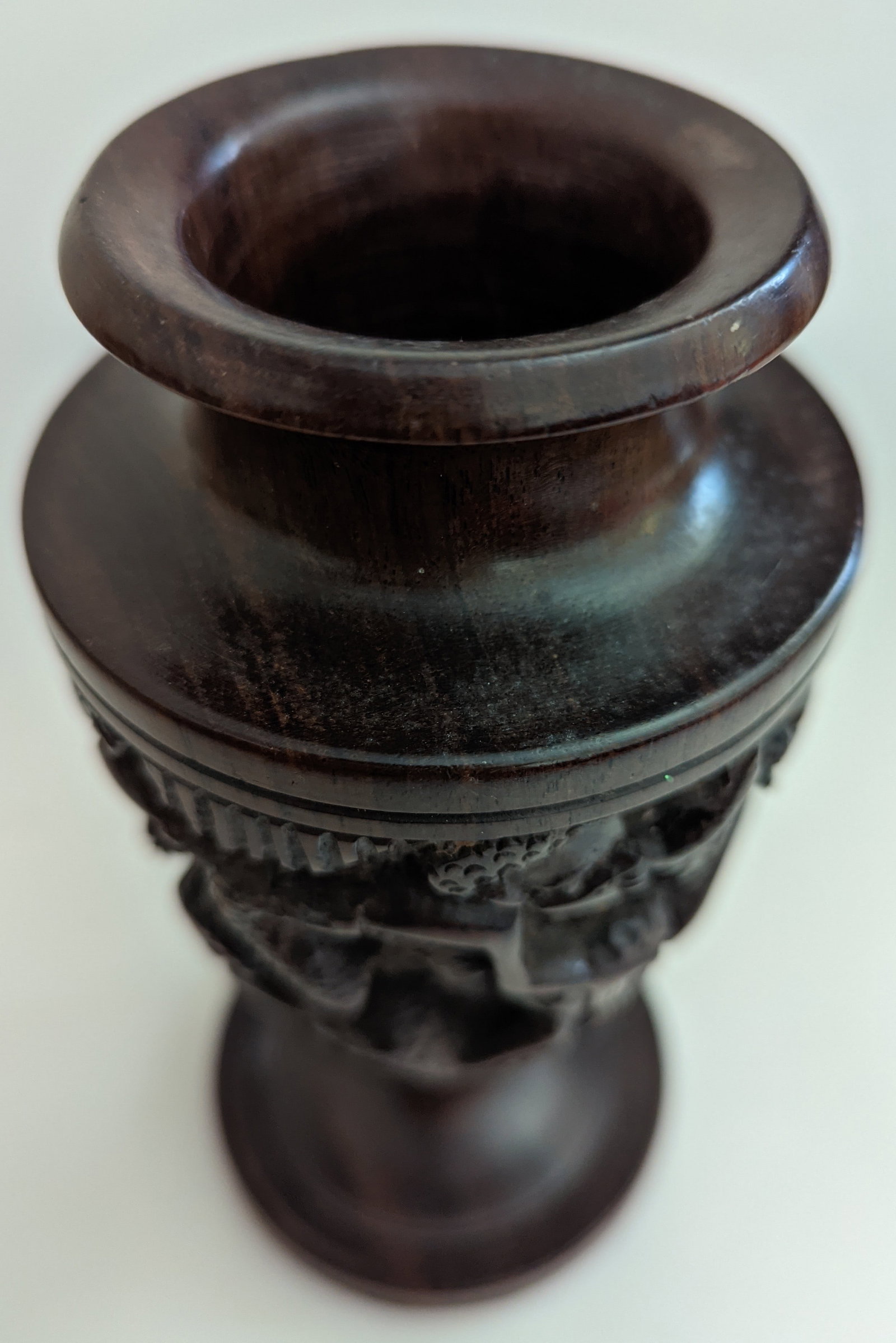 Antique Hand Carved Hardwood Urn Vase – Highly Detailed Figural Carving – Oriental / Tri - 4