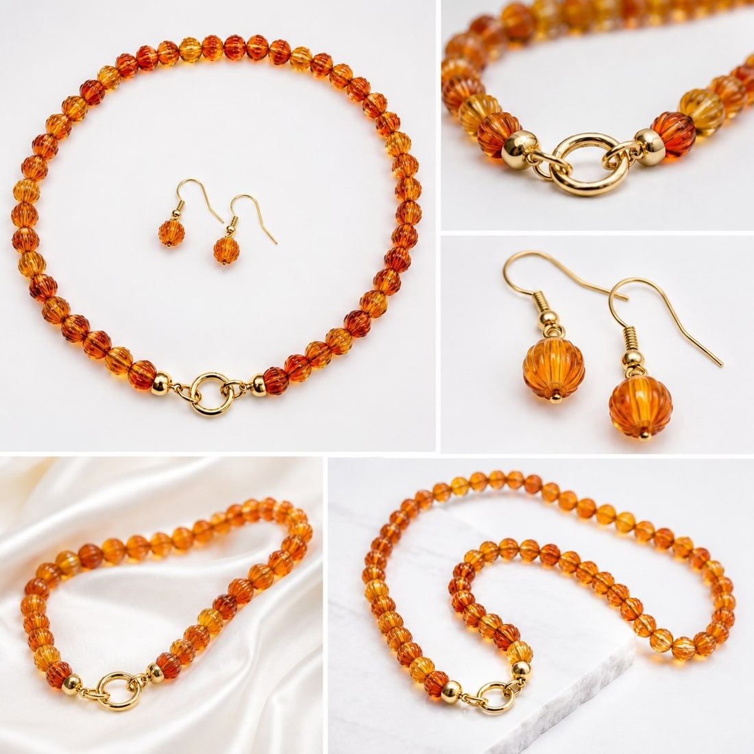 Amber-Colored Beaded Necklace & Earrings Set – Gold Tone Clasp: Title: Amber-Colored Beaded Necklace & Earrings Set – Gold Tone Clasp Description: Elegant matching jewelry set featuring warm amber-colored ribbed beads in beautiful honey and cognac tones.