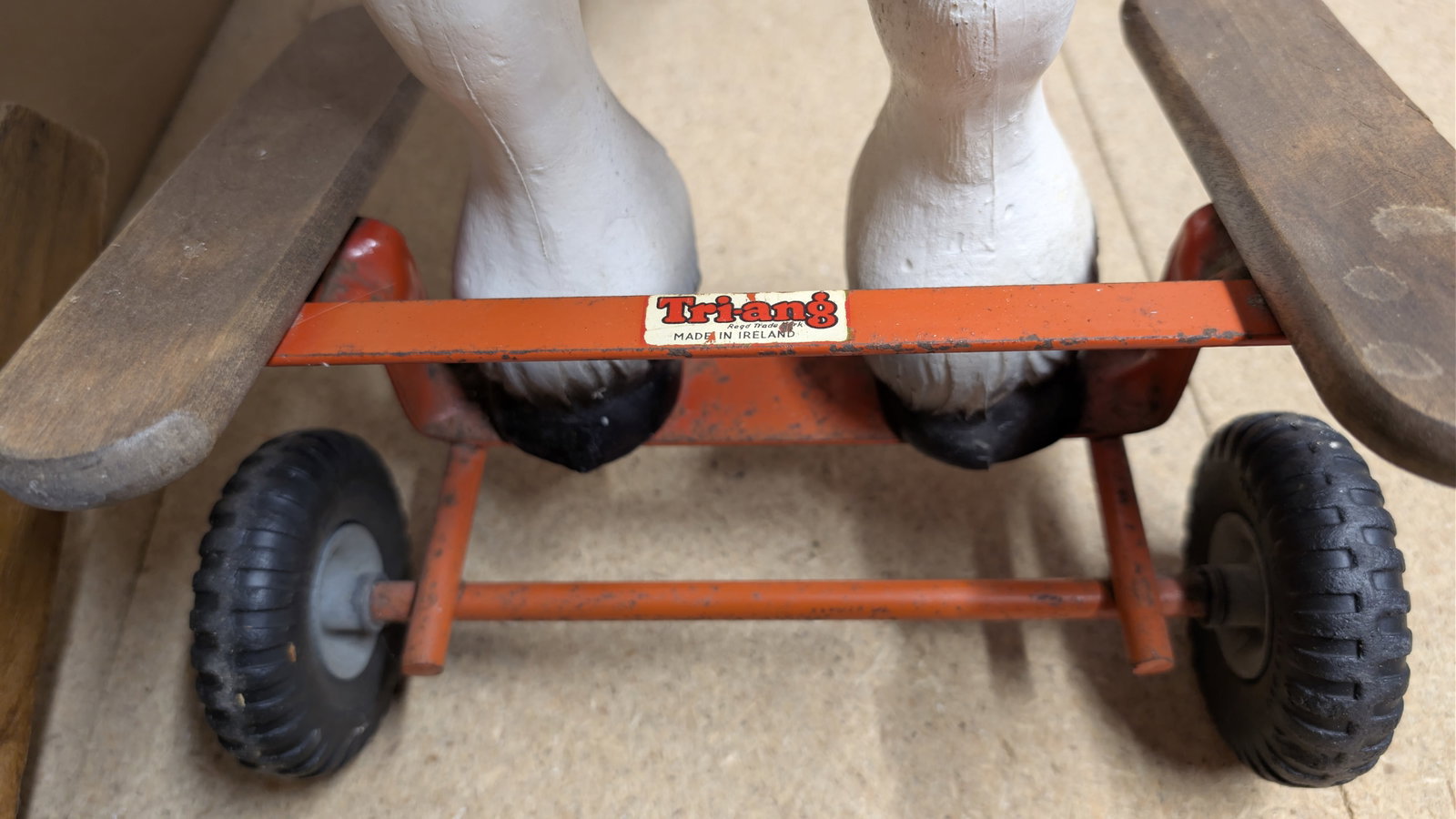 1960s Tri-ang (Lines Bros) wheeled ride-on horse, Made in Ireland. Solid white resin body with gr...: Title: 1960s Tri-ang (Lines Bros) wheeled ride-on horse, Made in Ireland. Solid white resin body with grey Description: 1960s Triang wheeled ride-on horse, purchased new in 1960. White solid-resin