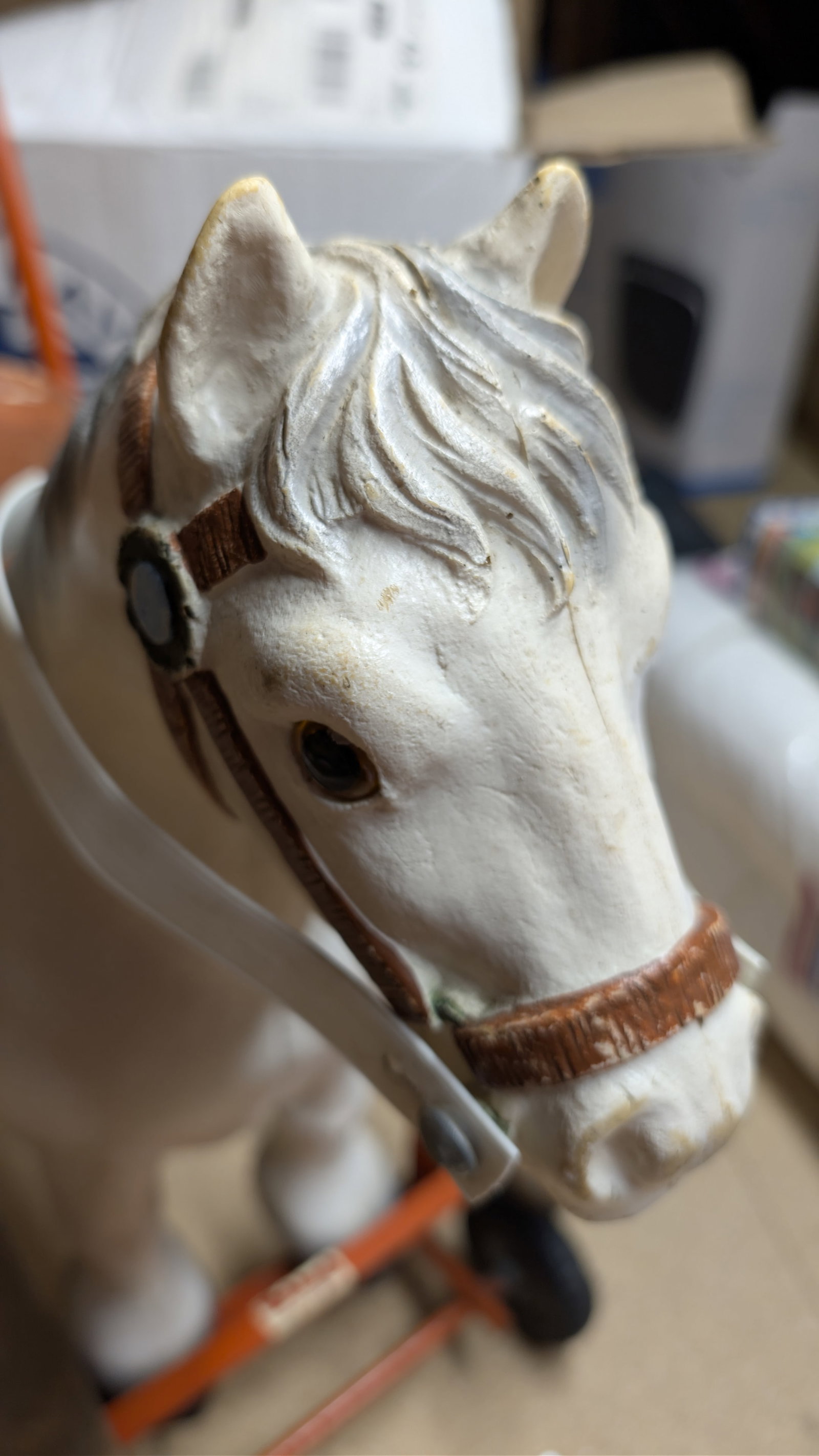 1960s Tri-ang (Lines Bros) wheeled ride-on horse, Made in Ireland. Solid white resin body with gr... - 2
