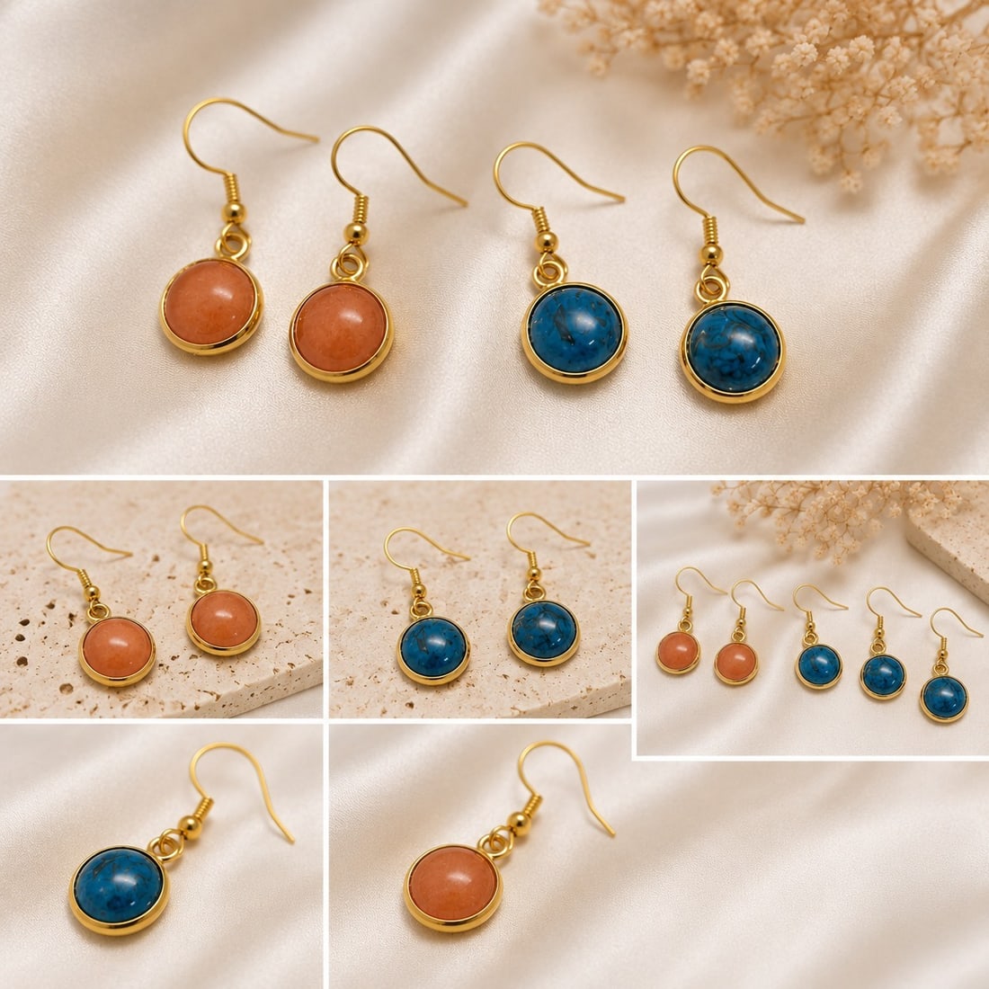 Gold-Tone Drop Earrings Set with Blue & Peach Cabochon Stones: Title: Gold-Tone Drop Earrings Set with Blue & Peach Cabochon Stones Description: Elegant pair of gold-tone drop earrings featuring polished round cabochon stones in beautiful blue and peach tones.