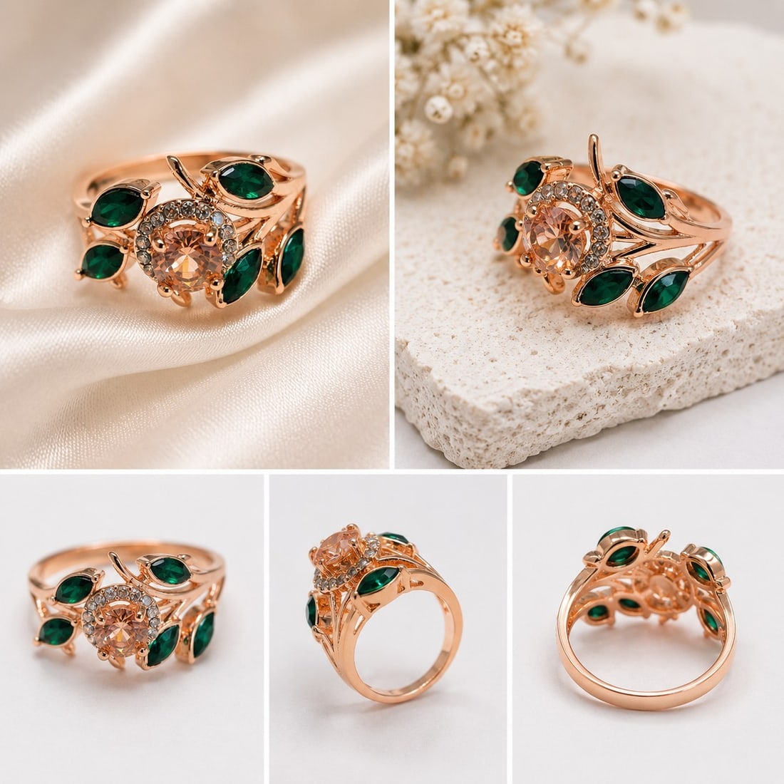 Rose Gold Plated Ring with Green Crystal Leaves & Champagne Center Stone – Size 18: Title: Rose Gold Plated Ring with Green Crystal Leaves & Champagne Center Stone – Size 18 Description: Elegant rose gold plated ring featuring a sparkling champagne-colored center stone