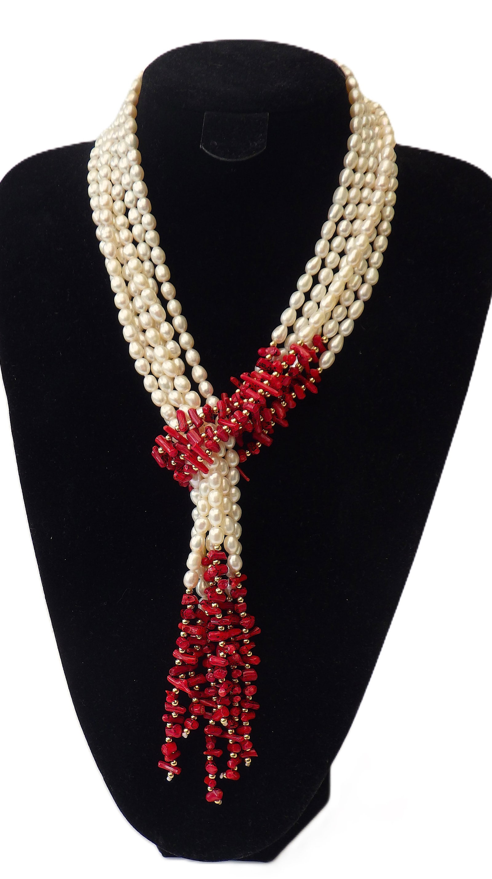 Unusual three long strand necklace with natural white pearls and red corals: Title: Unusual three long strand necklace with natural white pearls and red corals Description: A lariat, three very long strand necklace with natural cultured white pearls and red coral that can be