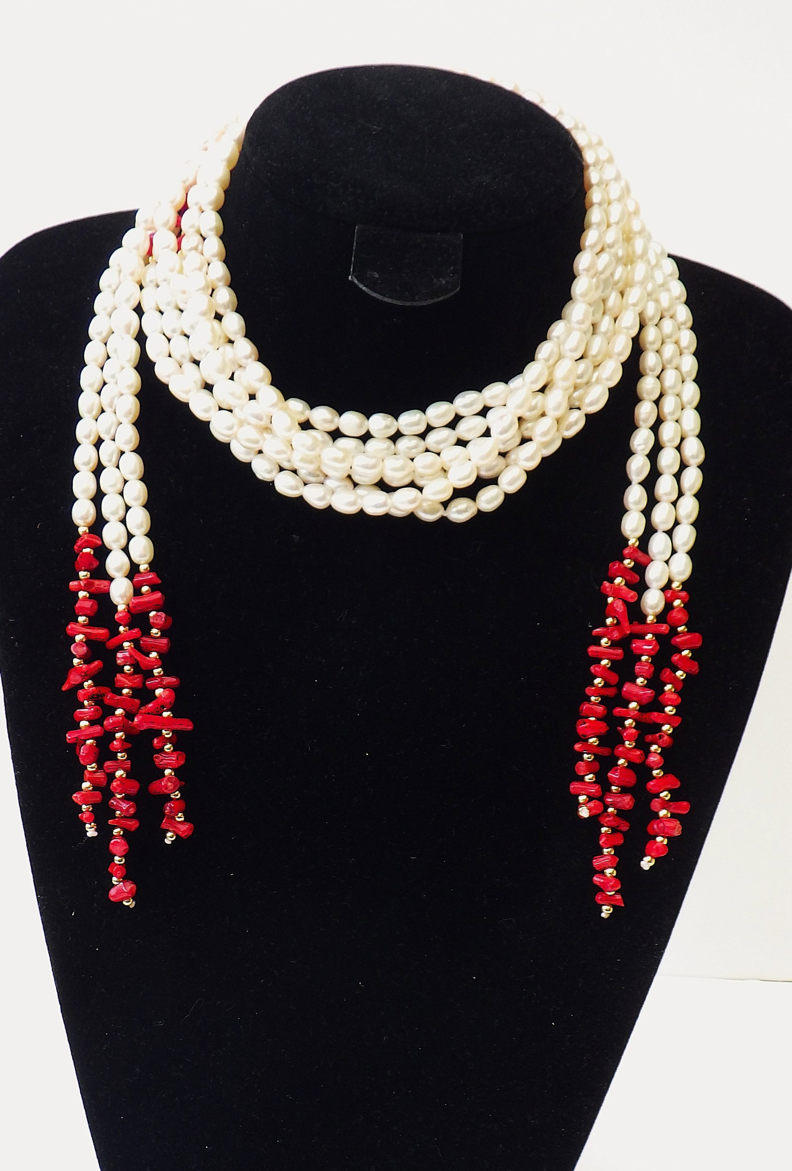 Unusual three long strand necklace with natural white pearls and red corals - 2