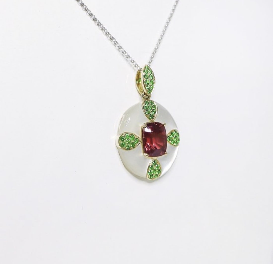 14k Gold, Purplish Red Spinel, Tsavorite Garnet, Pearl, IGI certified - 3