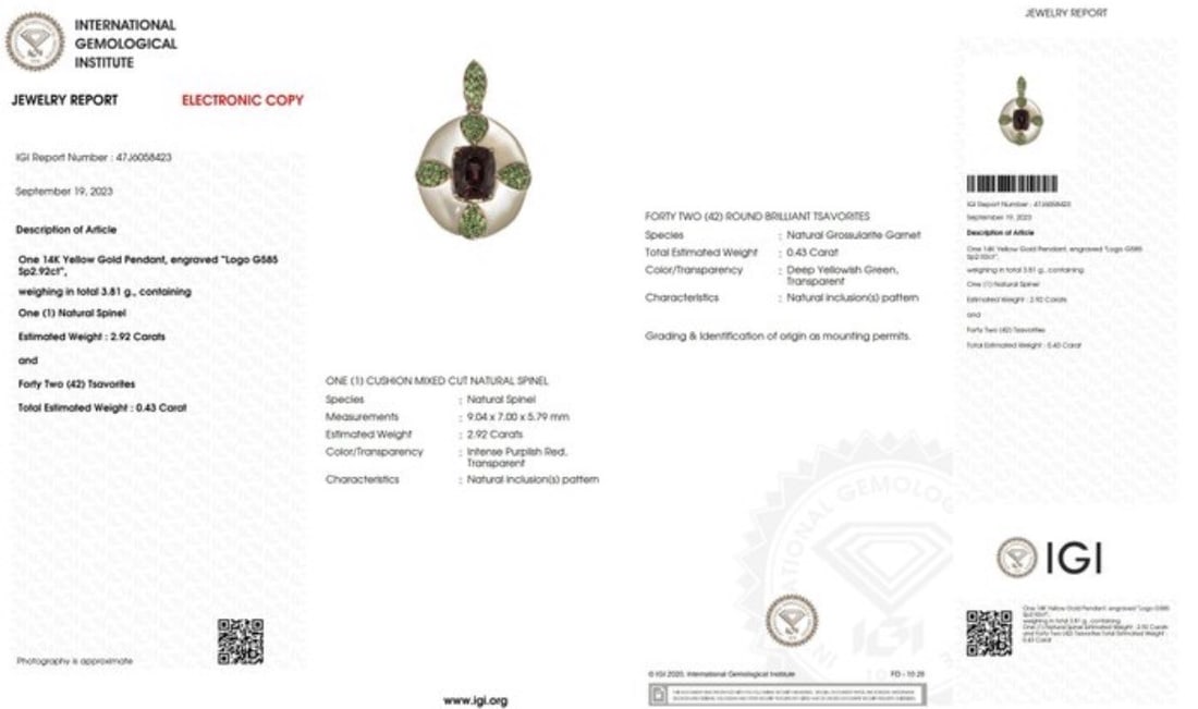 14k Gold, Purplish Red Spinel, Tsavorite Garnet, Pearl, IGI certified - 6