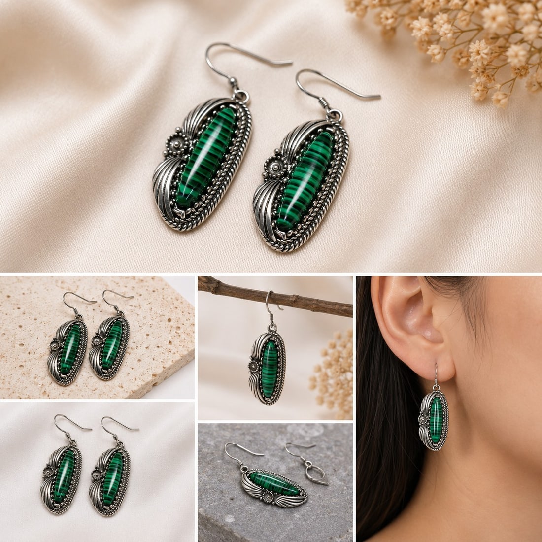 925 Sterling Silver Malachite Style Drop Earrings – Vintage Oval Design: Title: 925 Sterling Silver Malachite Style Drop Earrings – Vintage Oval Design Description: Elegant 925 sterling silver drop earrings featuring striking malachite-style oval cabochons with rich