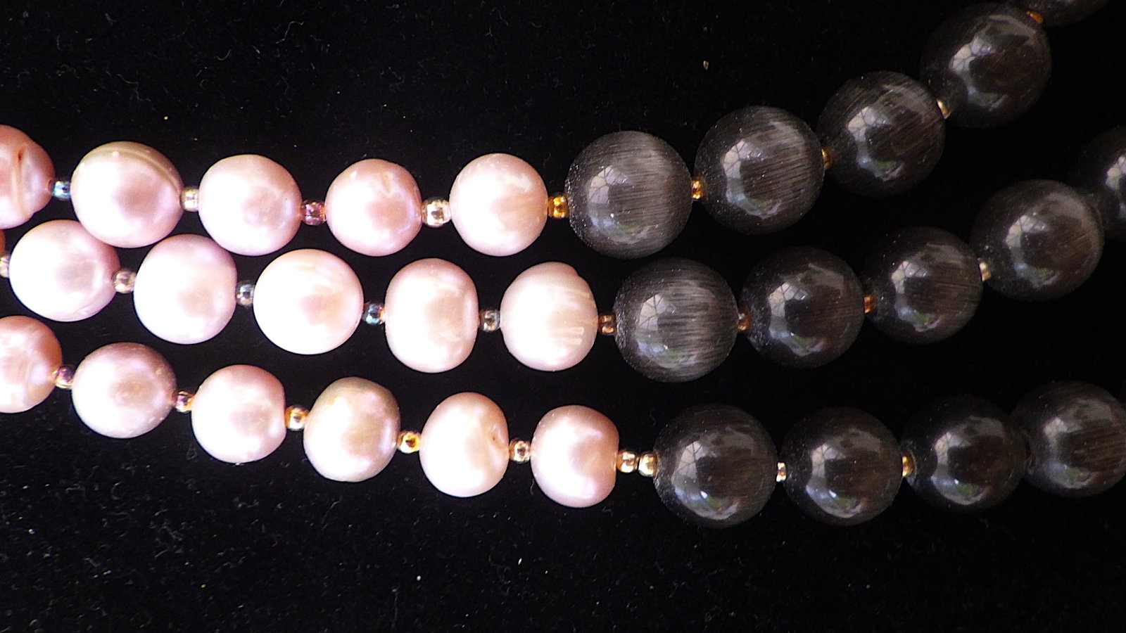 Three strand necklace with pearls & grey cat's eyes - with matching earrings - 3