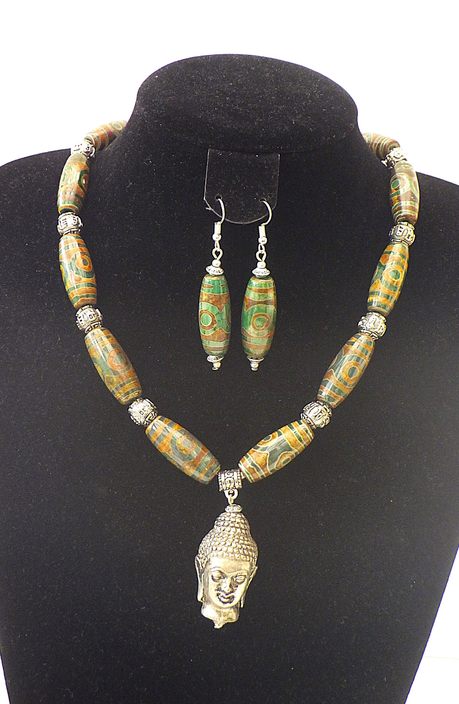Tibetan silver Buddhist DZI agate necklace & earrings set. (1 of 3)
