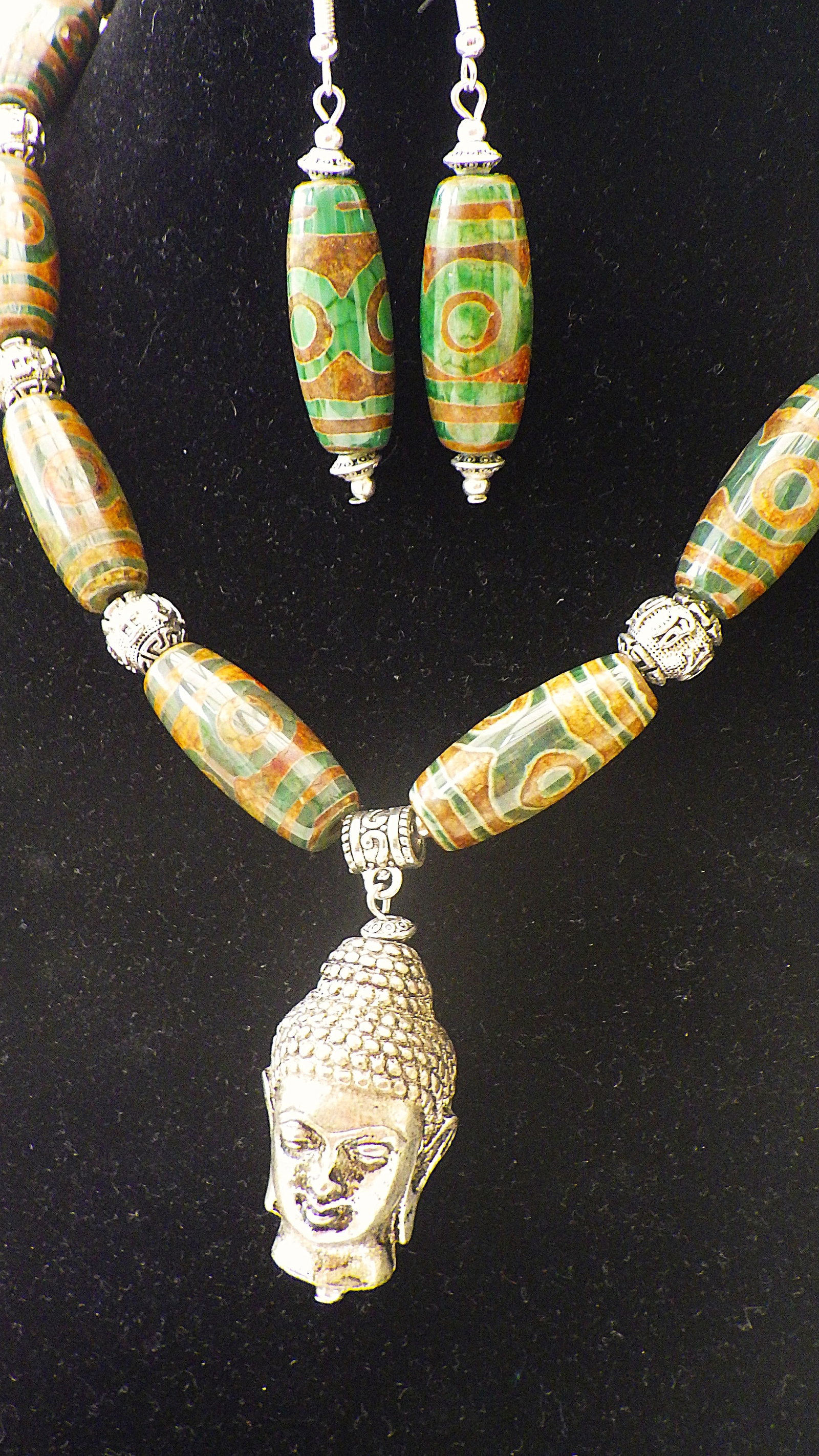 Tibetan silver Buddhist DZI agate necklace & earrings set. - 2
