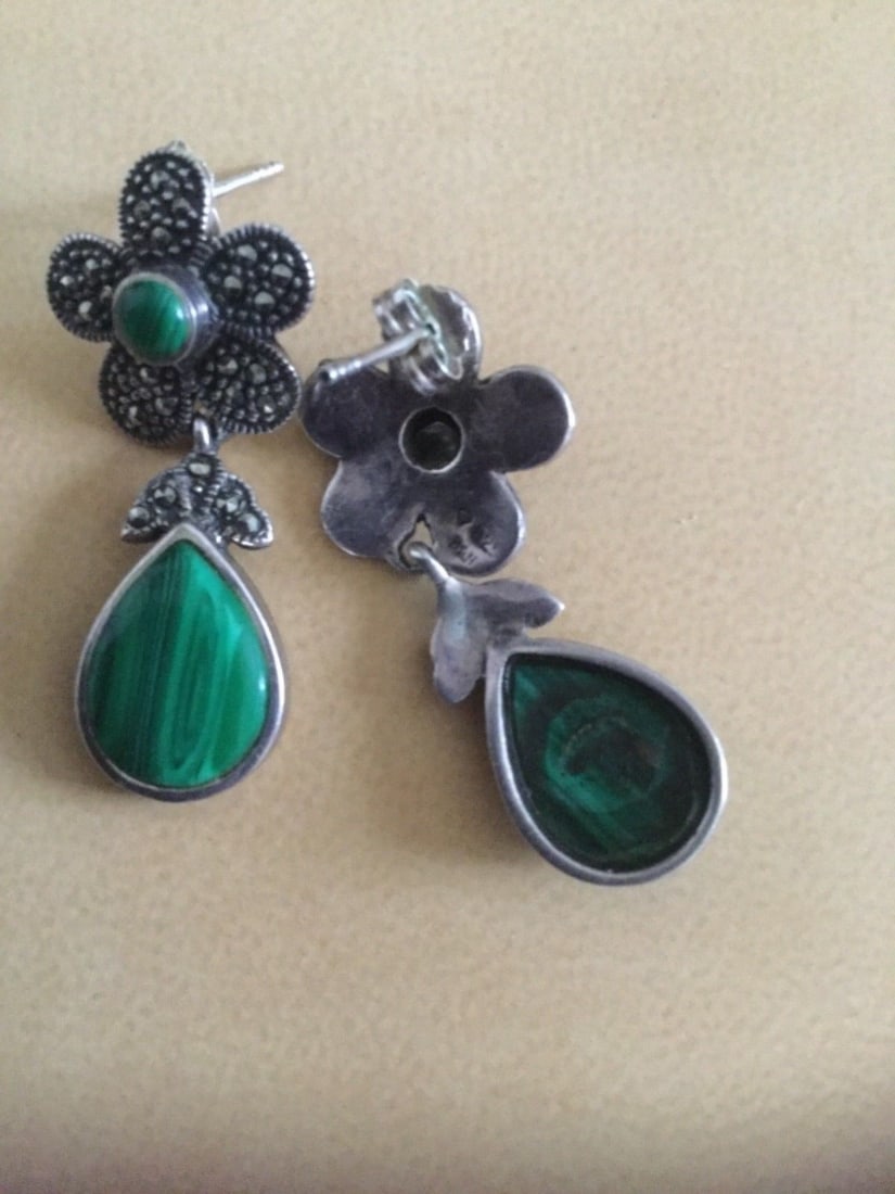 Vintage Silver Marcasite and Green Malachite Earrings: Title: Vintage Silver Marcasite and Green Malachite Earrings Description: Vintage silver earrings set with Green Malachite and Marcasite Very light to wear Signed 925 and makers mark
