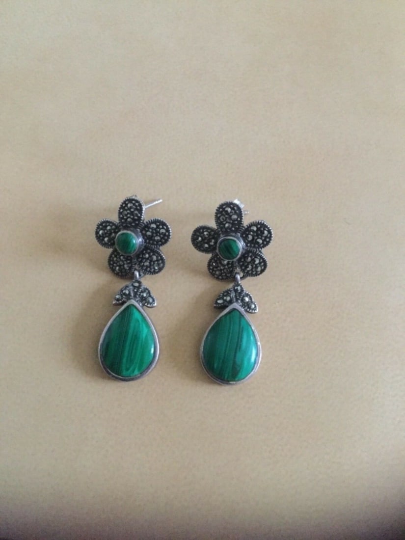 Vintage Silver Marcasite and Green Malachite Earrings - 2