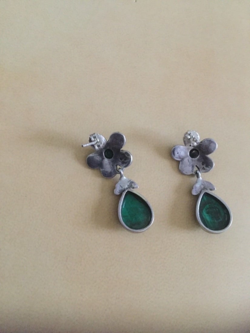 Vintage Silver Marcasite and Green Malachite Earrings - 3