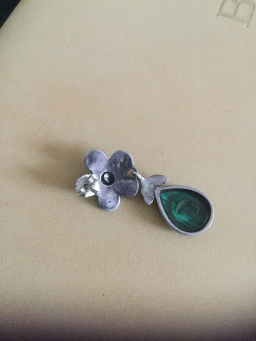 Vintage Silver Marcasite and Green Malachite Earrings - 4