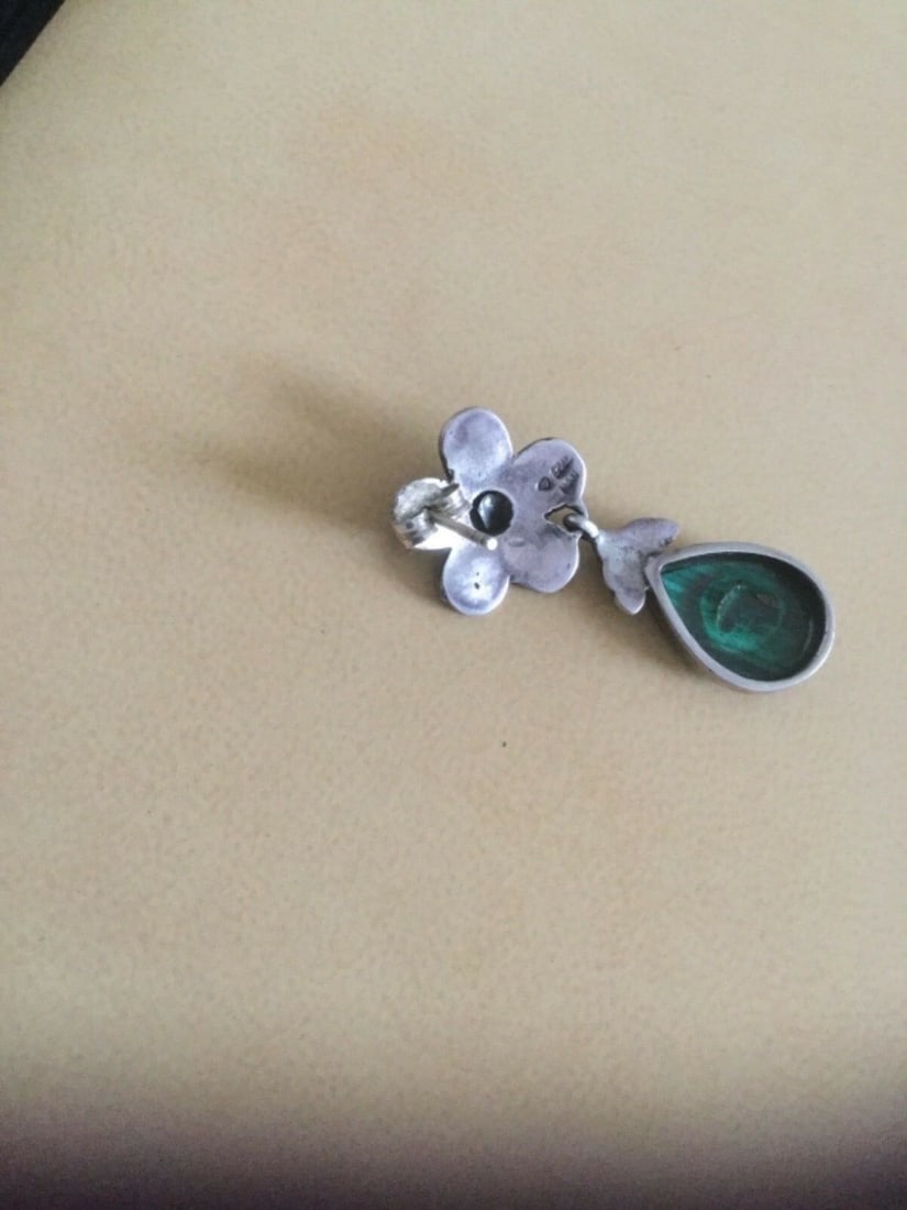 Vintage Silver Marcasite and Green Malachite Earrings - 5