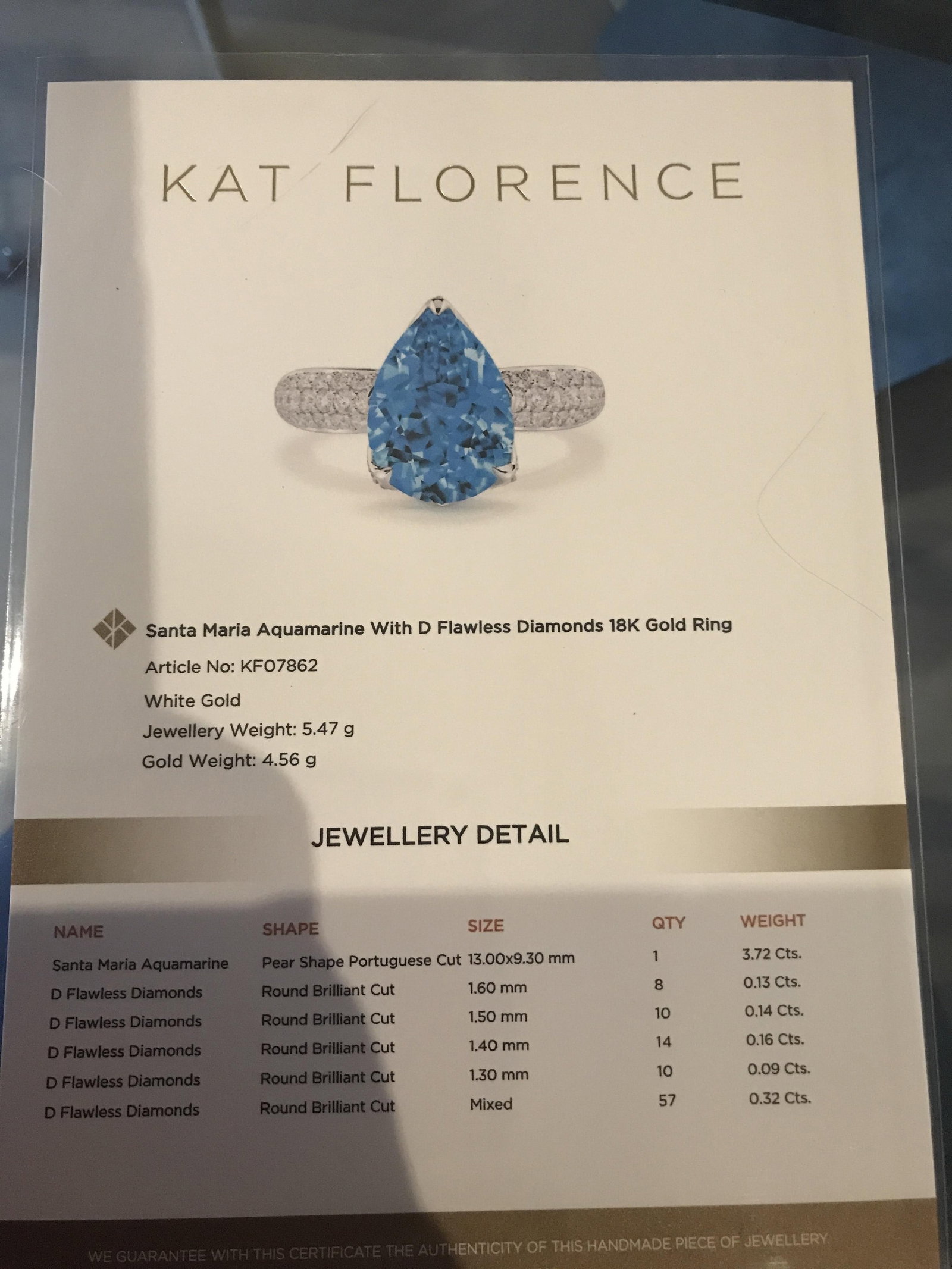 Santa Maria Aquamarine Gold Ring: Title: Santa Maria Aquamarine Gold Ring Description: Santa Maria Aquamarine with D Flawless Diamonds 18K Gold Ring Article No KF07862 White Gold Jewellery weight : 5,47 g Gold weight : 4,56 g Santa