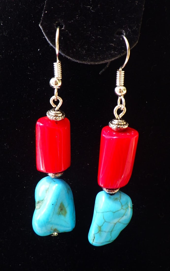 Chunky turquoise & red coral necklace, bracelet & earrings set - 2