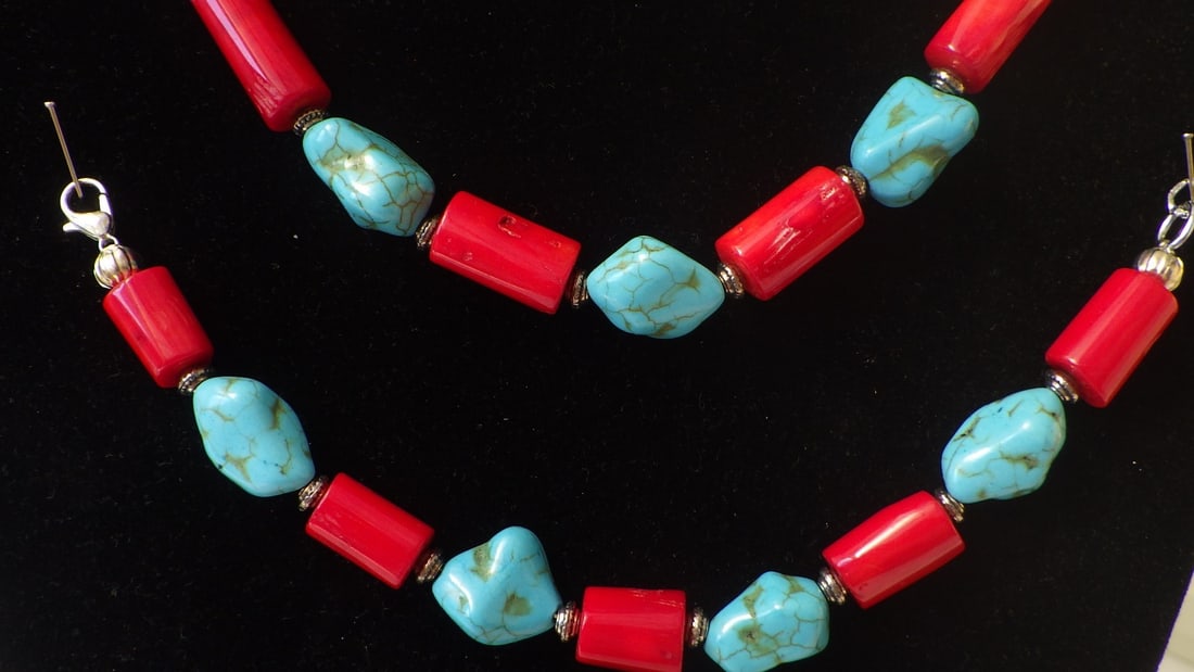 Chunky turquoise & red coral necklace, bracelet & earrings set - 3
