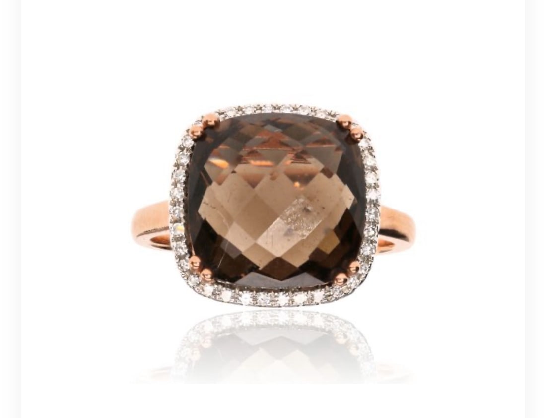 9K Rose Gold Smokey Quartz and Diamond Ring: Title: 9K Rose Gold Smokey Quartz and Diamond Ring Description: A 9K rose gold ring, hallmarked, with a 12 x 12mm checkerboard cut Smokey quartz and a halo of natural diamonds. Excellent condition.