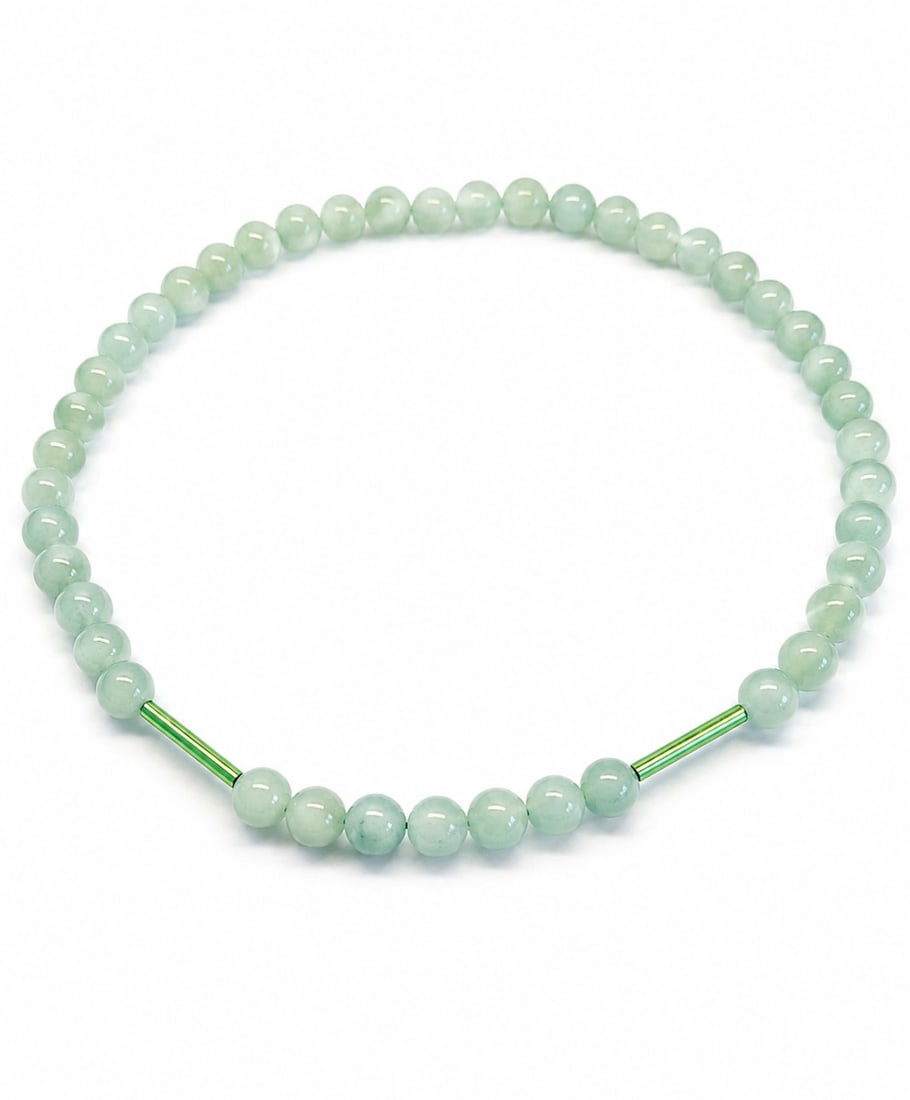 Natural Green Aventurine Bead Necklace with Metallic Tube Accents: Title: Natural Green Aventurine Bead Necklace with Metallic Tube Accents Description: Elegant handcrafted necklace featuring genuine natural green aventurine round beads in a soft, soothing green