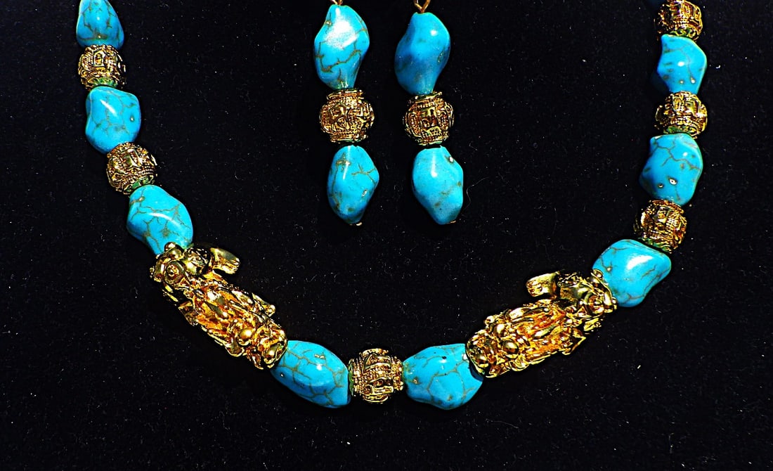 Chinese GP ""pixius"" & turquoise nuggets jewellery set - 2