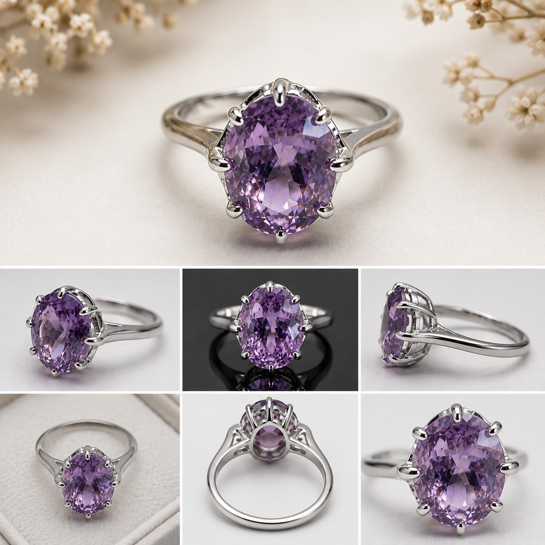 Adjustable Ring with Alexandrite Style Gemstone: Title: Adjustable Ring with Alexandrite Style Gemstone Description: Elegant adjustable ring featuring a sparkling oval-cut Alexandrite style gemstone with beautiful purple-violet color and excellent