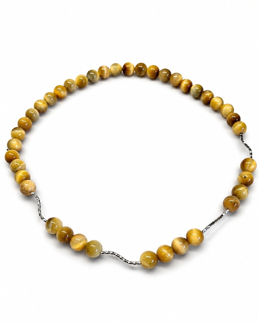 Natural Golden Tiger's Eye Bead Necklace with Sterling Silver Tube Spacers: Title: Natural Golden Tiger's Eye Bead Necklace with Sterling Silver Tube Spacers Description: Elegant handcrafted necklace featuring genuine golden Tiger's Eye round beads with beautiful natural