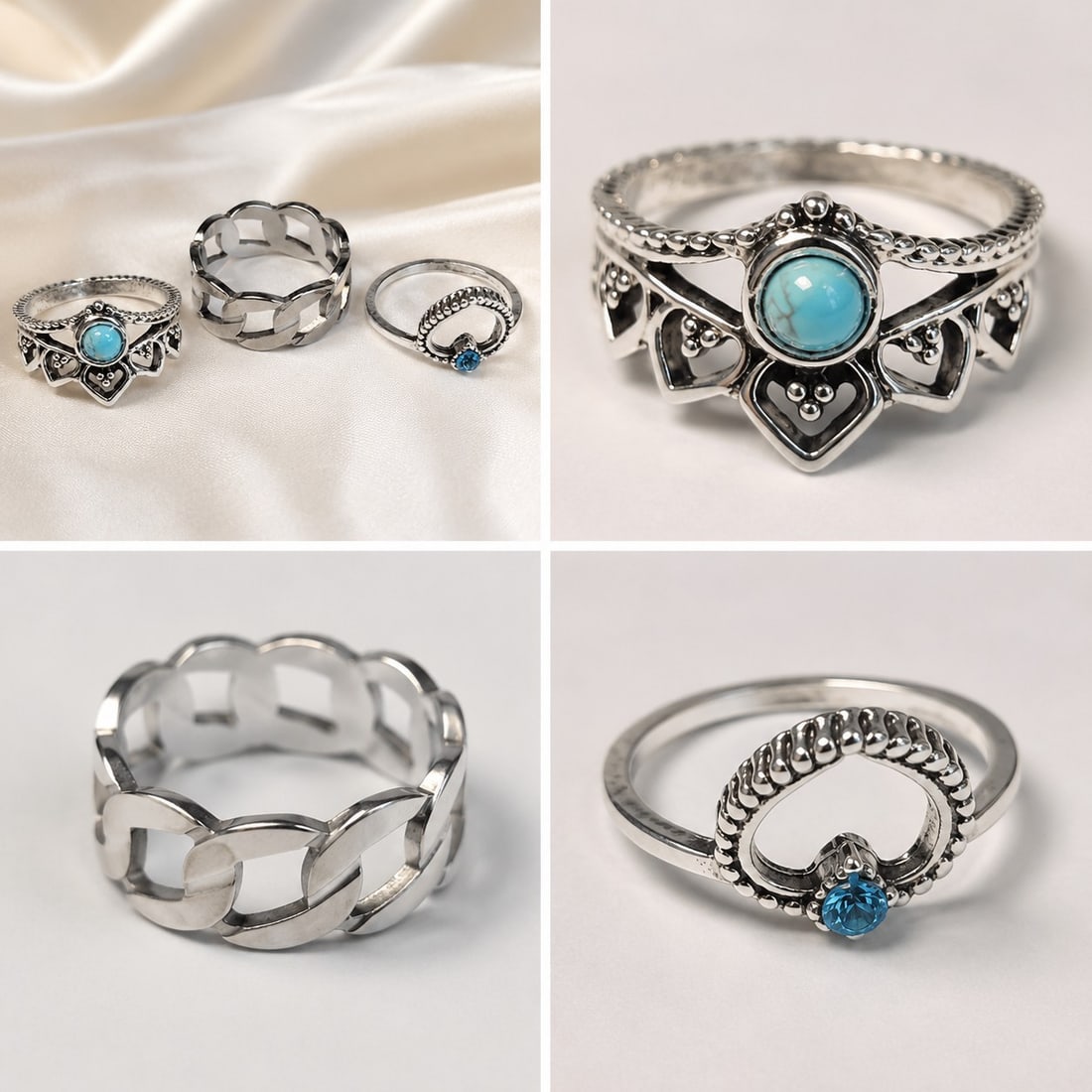 Set of 3 Fashion Rings – Silver Tone Metal – Turquoise Style, Chain Band & Blue Crystal : Title: Set of 3 Fashion Rings – Silver Tone Metal – Turquoise Style, Chain Band & Blue Crystal Designs Description: Stylish set of three rings featuring unique contemporary designs. The