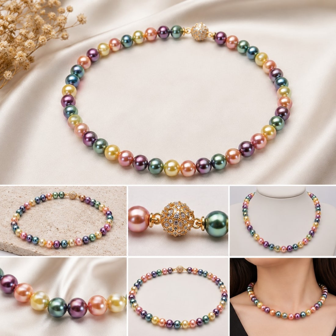Multicolor Pearl Necklace 39 cm – Elegant Pastel Pearl Choker with Decorative Clasp: Title: Multicolor Pearl Necklace 39 cm – Elegant Pastel Pearl Choker with Decorative Clasp Description: Elegant 39 cm necklace featuring lustrous multicolor pearls in soft pastel shades of