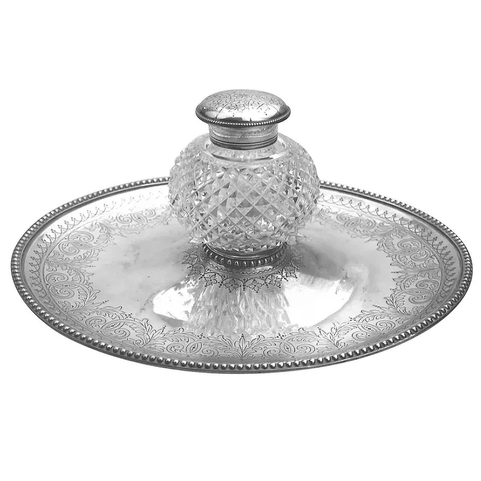 A fine antique English solid silver & cut glass Elkington Tray & Inkstand 312g+ C.1877: Title: A fine antique English solid silver & cut glass Elkington Tray & Inkstand 312g+ C.1877 Description: A fine solid silver inkstand has a fine tray base by Frederick Elkington and good cut gl
