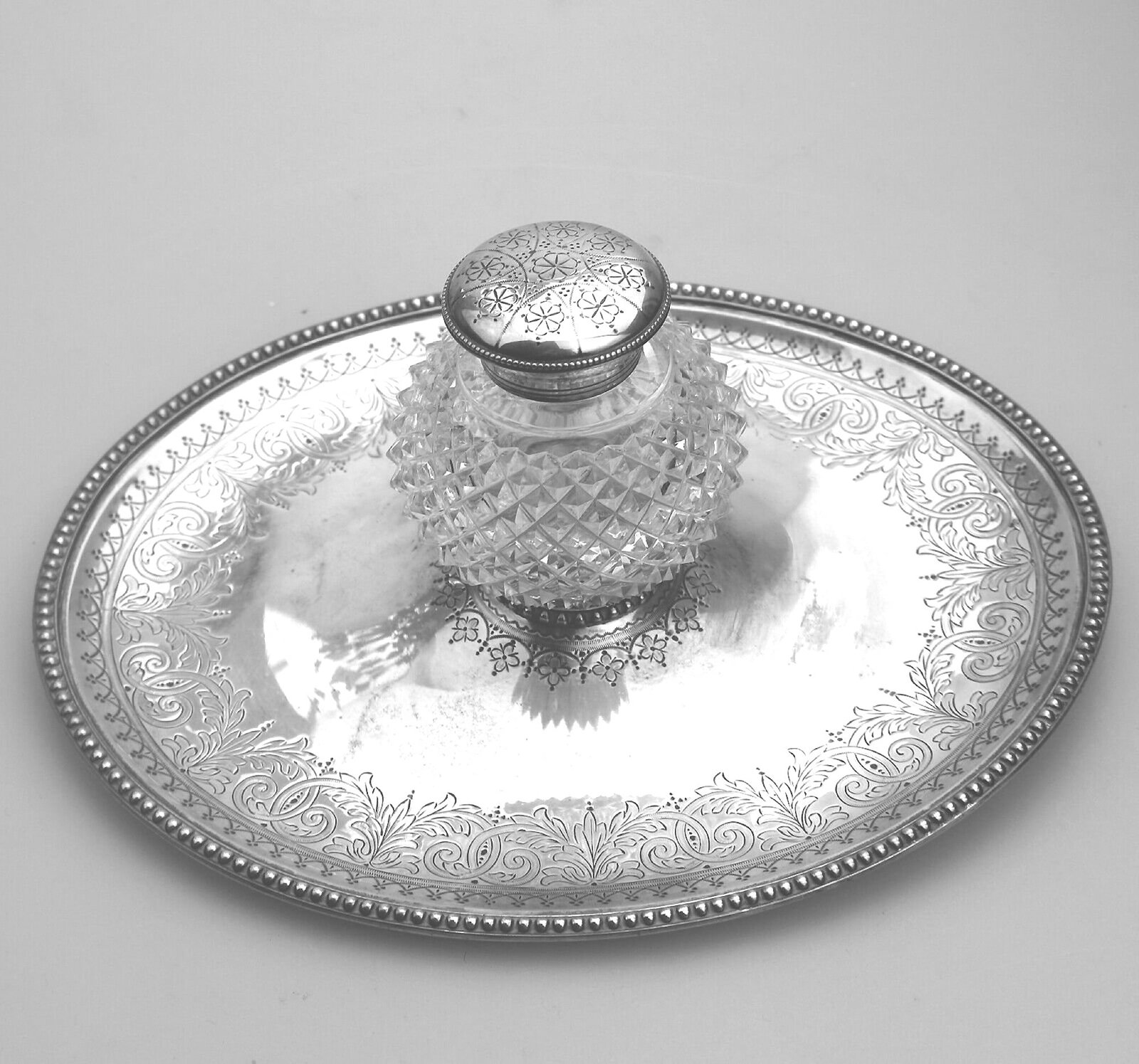 A fine antique English solid silver & cut glass Elkington Tray & Inkstand 312g+ C.1877 - 2