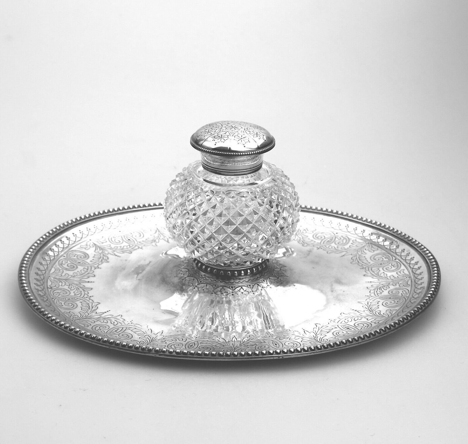 A fine antique English solid silver & cut glass Elkington Tray & Inkstand 312g+ C.1877 - 8