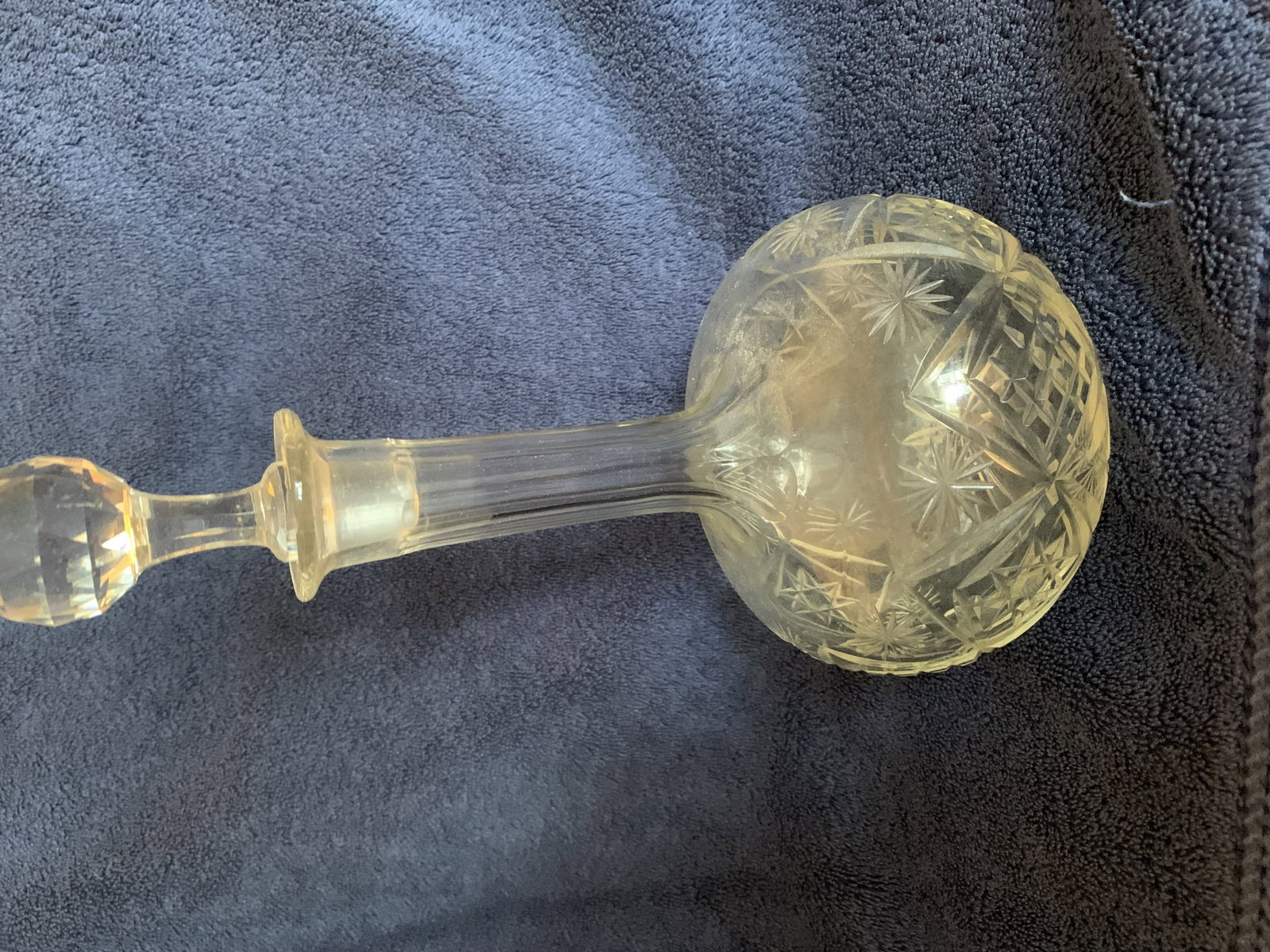 Vintage Cut Crystal Decanter c1920’s: Title: Vintage Cut Crystal Decanter c1920’s Description: Vintage cut crystal decanter for wine or port. 12” high; 4.5 “at belly. Imperceptible bruise at rim from happy
