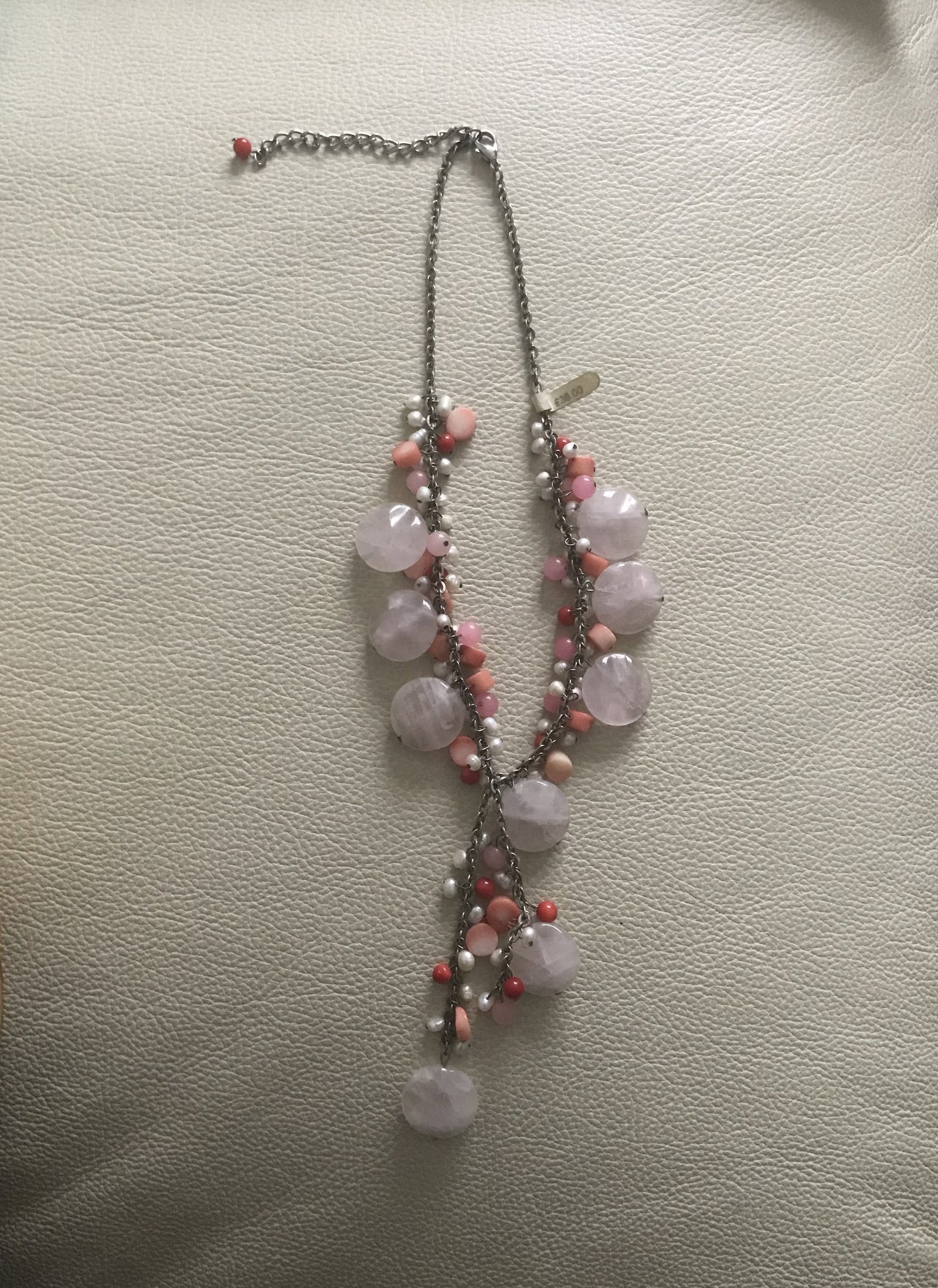 Butler & Wilson Rose Quartz, Pearl and Coral Bead Necklace: Title: Butler & Wilson Rose Quartz, Pearl and Coral Bead Necklace Description: Statement necklace set with precious stones. Extender chain so can be worn at various lengths. Condition: New
