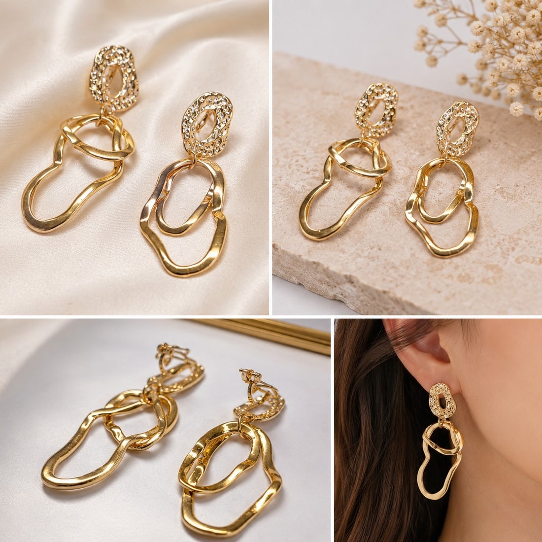 Gold Tone Abstract Geometric Dangle Earrings – Modern Statement Fashion Jewelry: Title: Gold Tone Abstract Geometric Dangle Earrings – Modern Statement Fashion Jewelry Description: Stylish gold-tone dangle earrings featuring an elegant abstract geometric design with