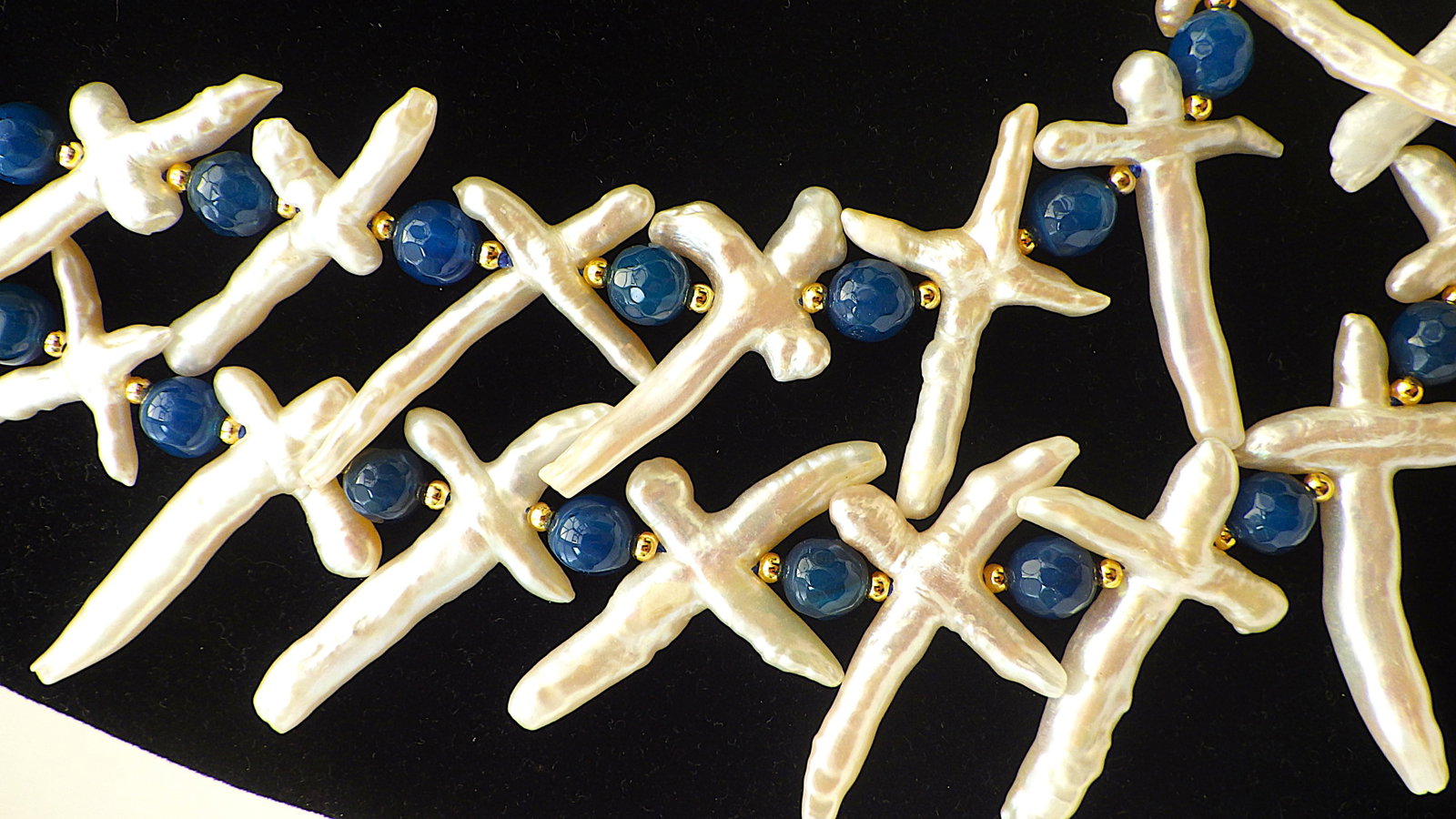 Two strand necklace & earrings set with natural cross shaped pearls & blue onyx. - 2