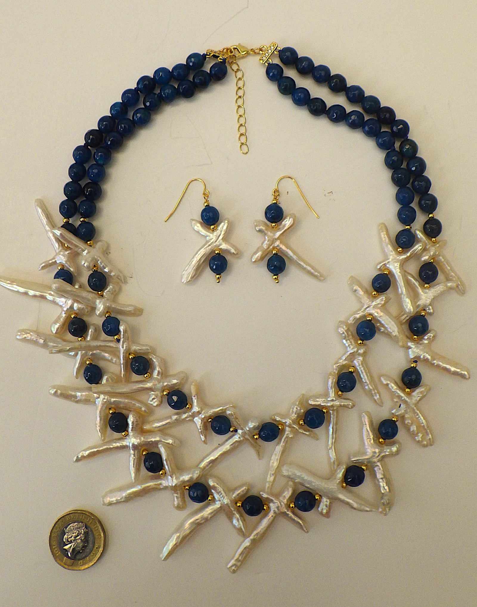Two strand necklace & earrings set with natural cross shaped pearls & blue onyx. - 4