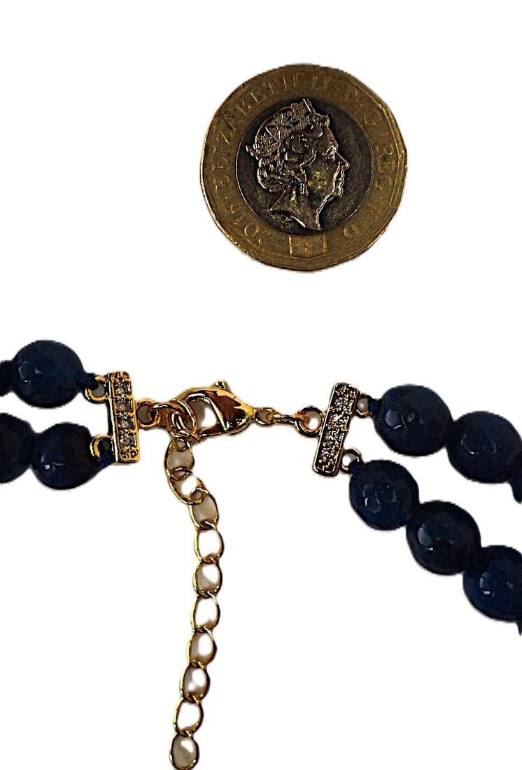 Two strand necklace & earrings set with natural cross shaped pearls & blue onyx. - 6