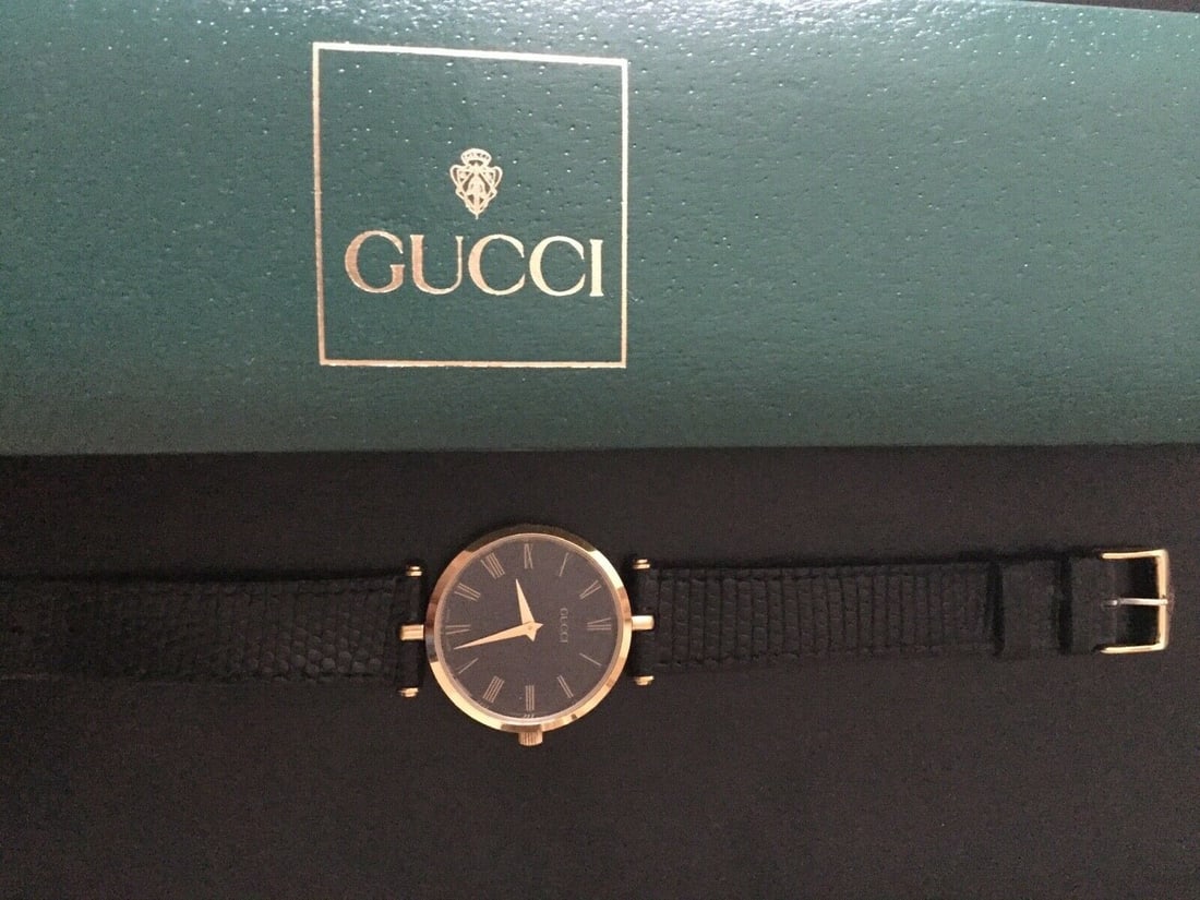 Gucci 2000M Stack Watch Gold Plated & Enamel Gucci Black Leather Strap Boxed - 2