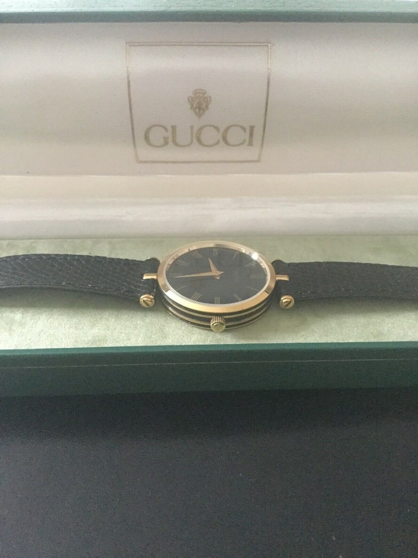 Gucci 2000M Stack Watch Gold Plated & Enamel Gucci Black Leather Strap Boxed - 3