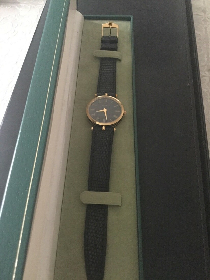 Gucci 2000M Stack Watch Gold Plated & Enamel Gucci Black Leather Strap Boxed - 4