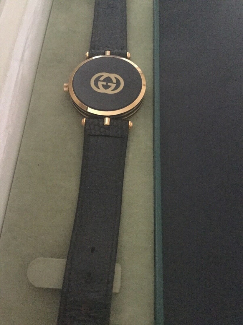 Gucci 2000M Stack Watch Gold Plated & Enamel Gucci Black Leather Strap Boxed - 5