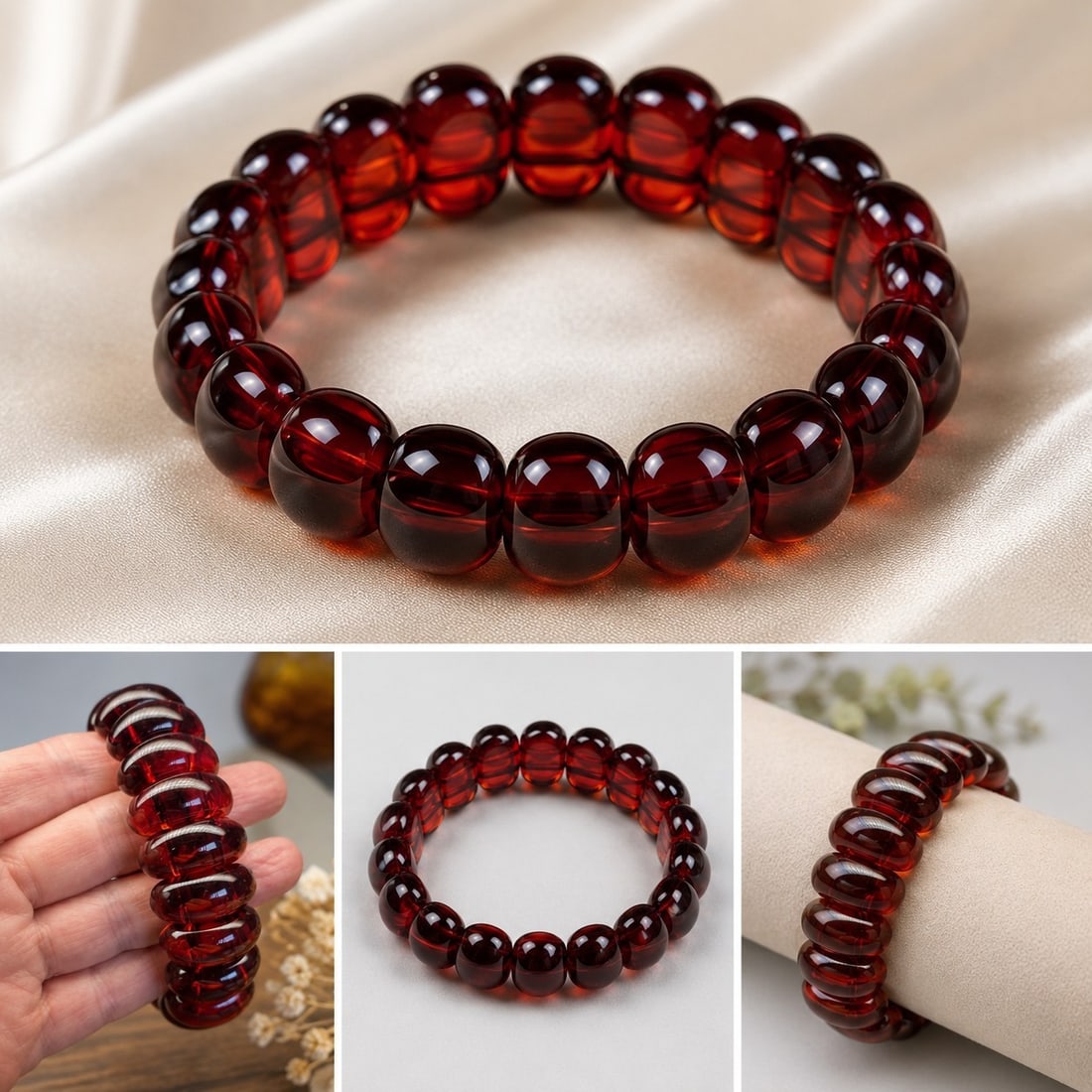 Cherry Amber Stretch Bracelet – Deep Red Translucent Beads – Elegant Statement Jewelry: Title: Cherry Amber Stretch Bracelet – Deep Red Translucent Beads – Elegant Statement Jewelry Description: Elegant stretch bracelet featuring smooth, polished cherry amber-colored