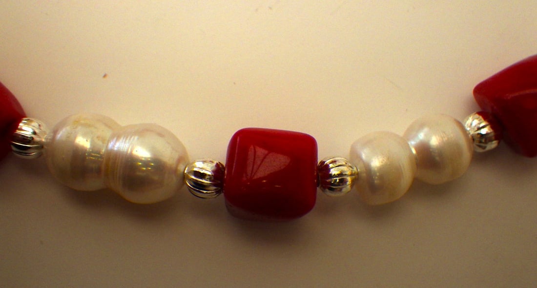 Necklace & earrings set with rare twin pearls & red coral - 5