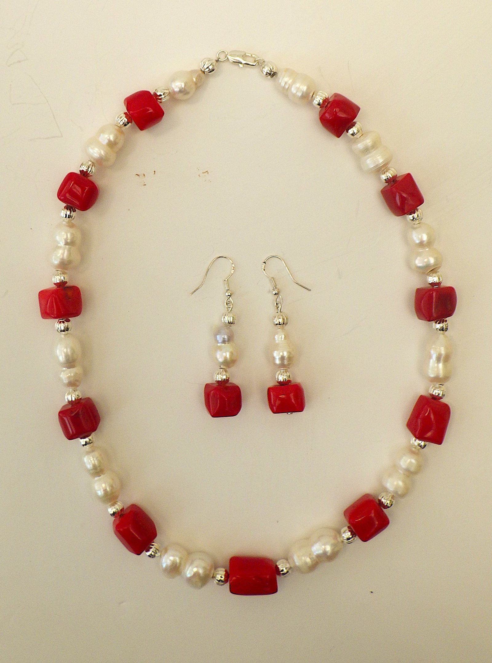 Necklace & earrings set with rare twin pearls & red coral - 6