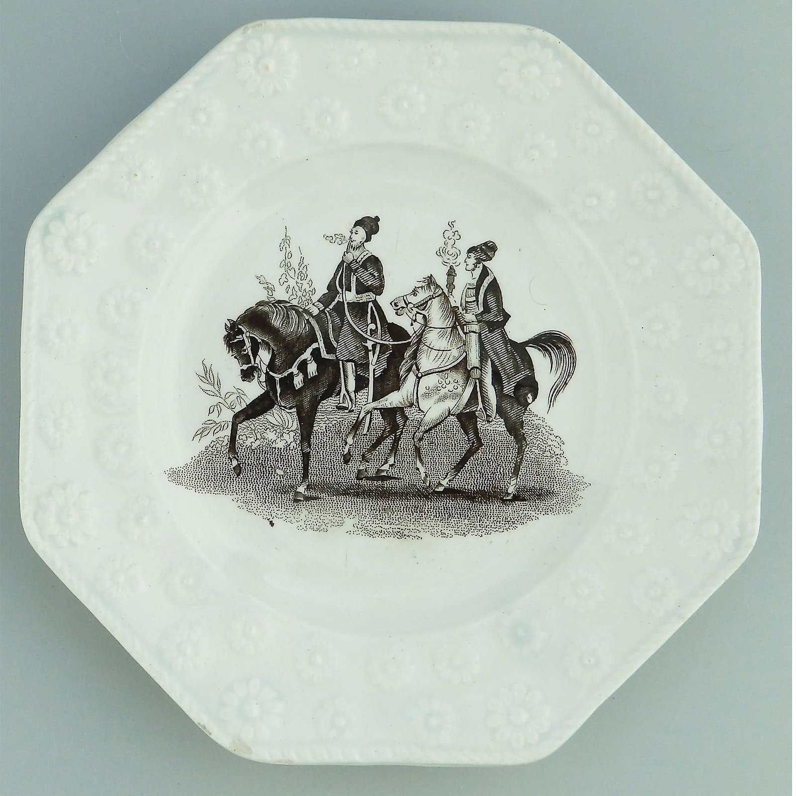 Unusual antique Staffordshire pottery daisy border hubble bubble hookah smoking Nursery Plate C.1... - 2