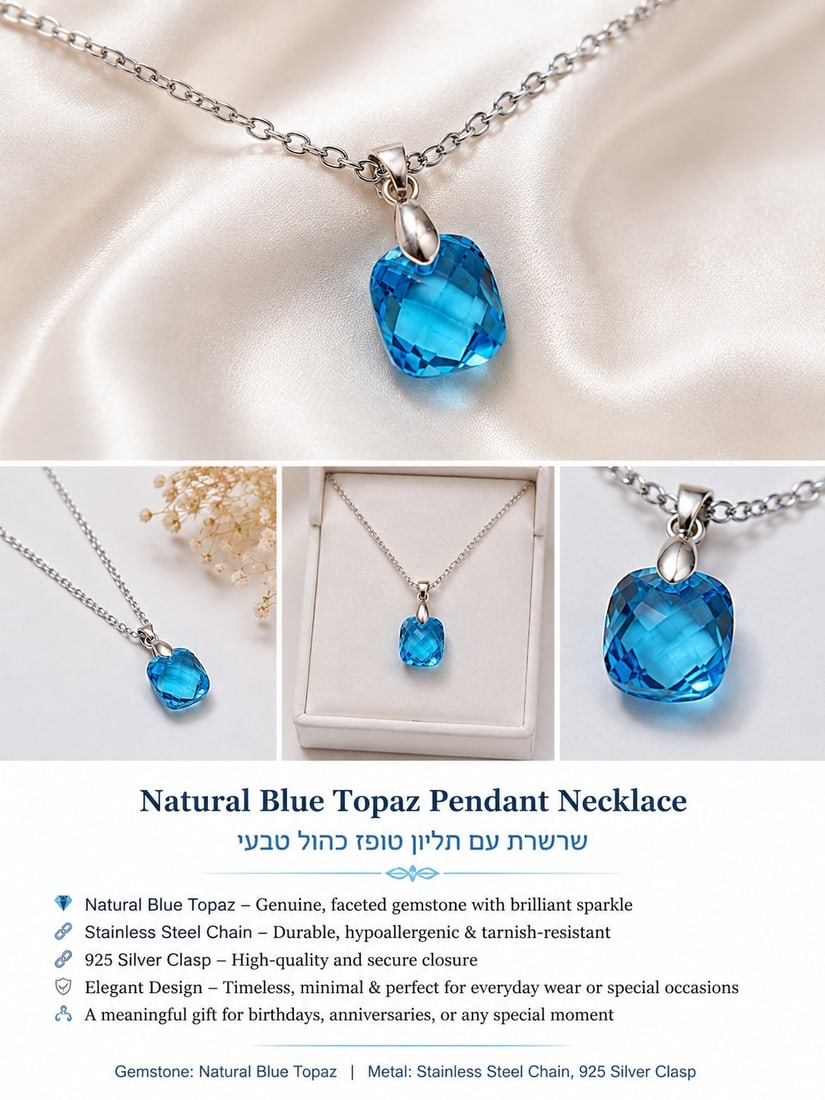 Natural Blue Topaz Pendant Necklace – Stainless Steel Chain & 925 Silver Clasp: Title: Natural Blue Topaz Pendant Necklace – Stainless Steel Chain & 925 Silver Clasp Description: Elegant pendant necklace featuring a faceted natural blue topaz with brilliant sparkle. The