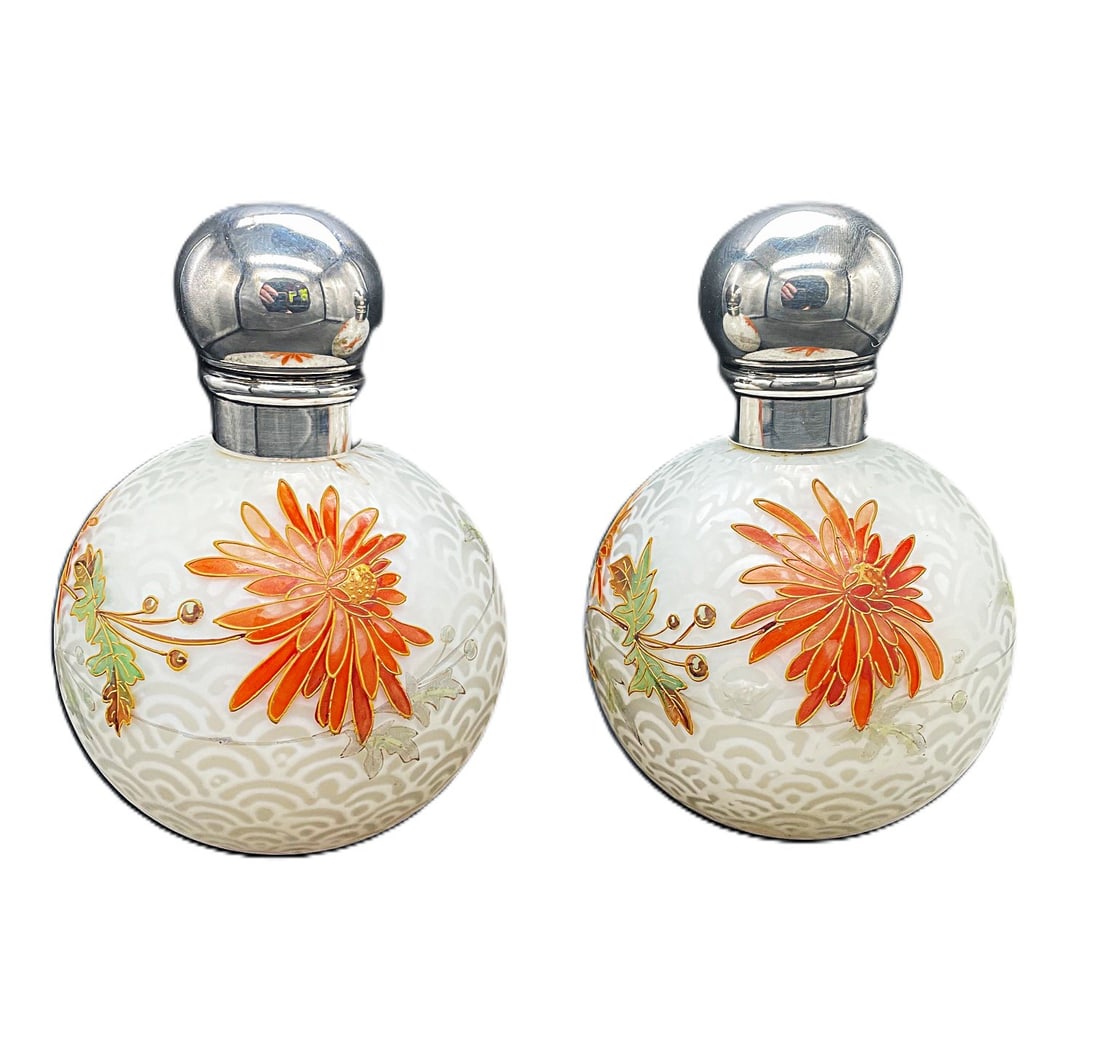 Pair of Thomas Webb Chrysanthemum Decortaed Scent Bottles: Title: Pair of Thomas Webb Chrysanthemum Decortaed Scent Bottles Description: Pair of matching Thomas Webb bridal white satin glass scent bottle, decorated with enamel chrysanthemums. Sampson Mor