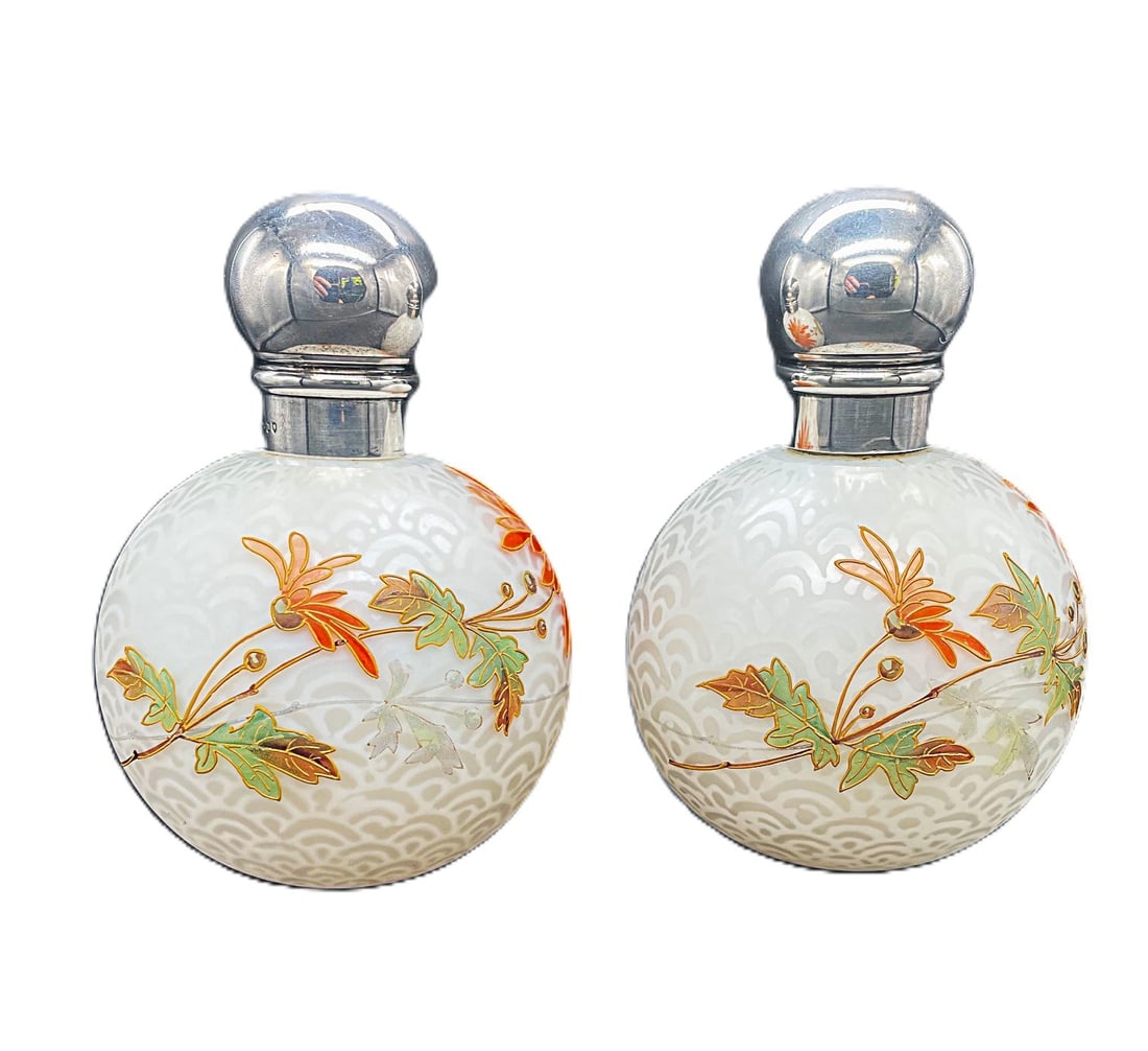 Pair of Thomas Webb Chrysanthemum Decortaed Scent Bottles - 2