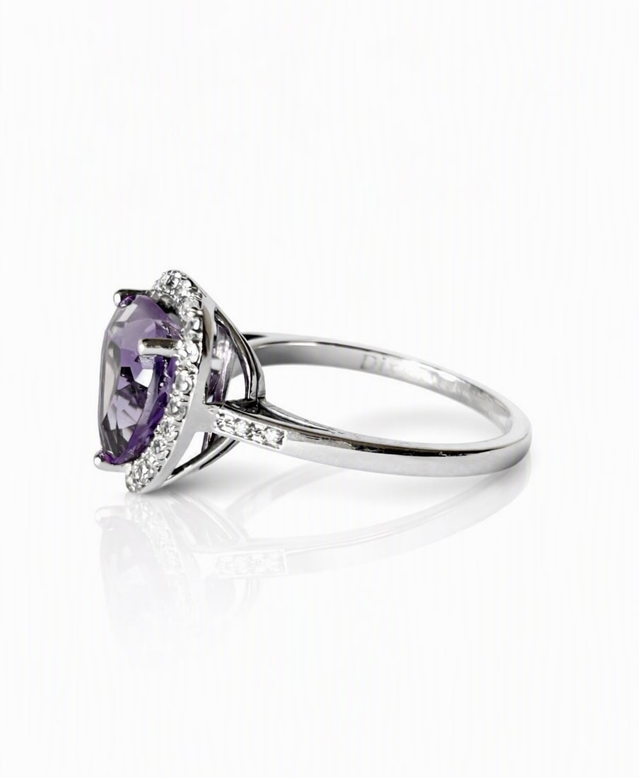 9K White Gold, Diamond, Synthetic Amethyst Ring - 2